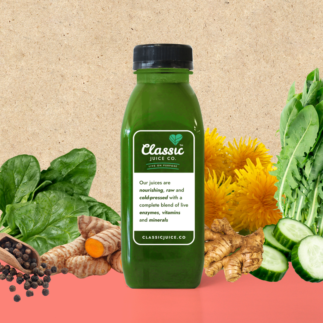 spinach, cucumber, dandelion, ginger, turmeric, black pepper, fruits, fruit, juices, bottle of juice, cold pressed juice, natural juices